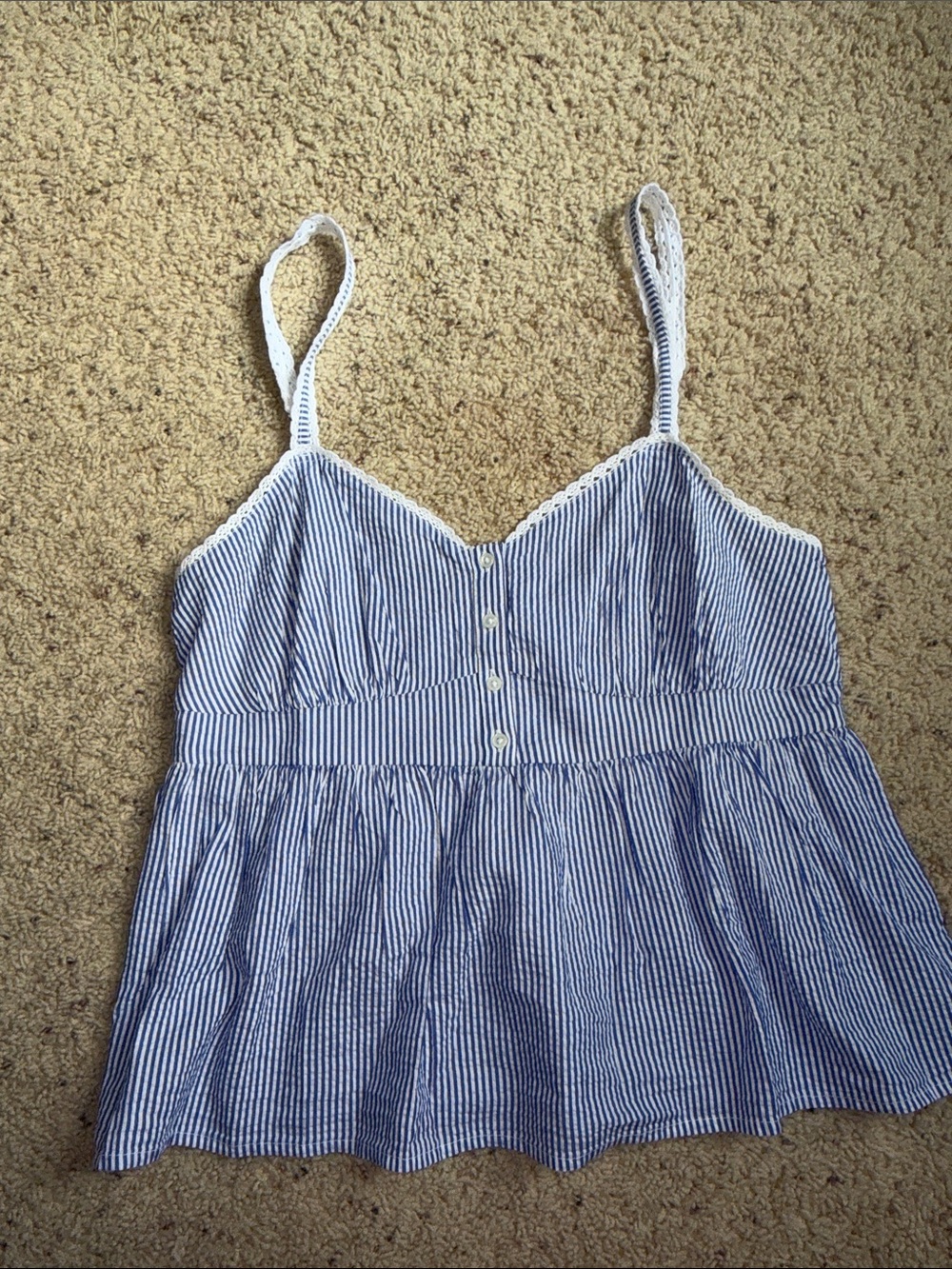 American Eagle Outfitters Blue & White Striped Lace-Trim Peplum Cami